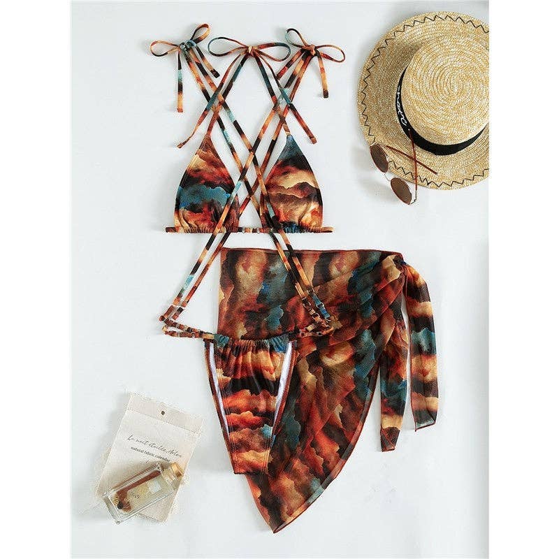 MULTICOLORE Imprimé Tie-Dye Maillot de Bain Trois Pièces en Résille en vente sur Faire5