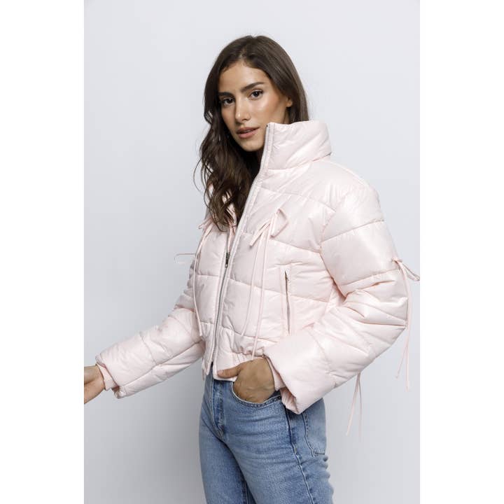 PINK JT6514- SOLID RIBBON BOW PUFFER JACKET for wholesale on Faire