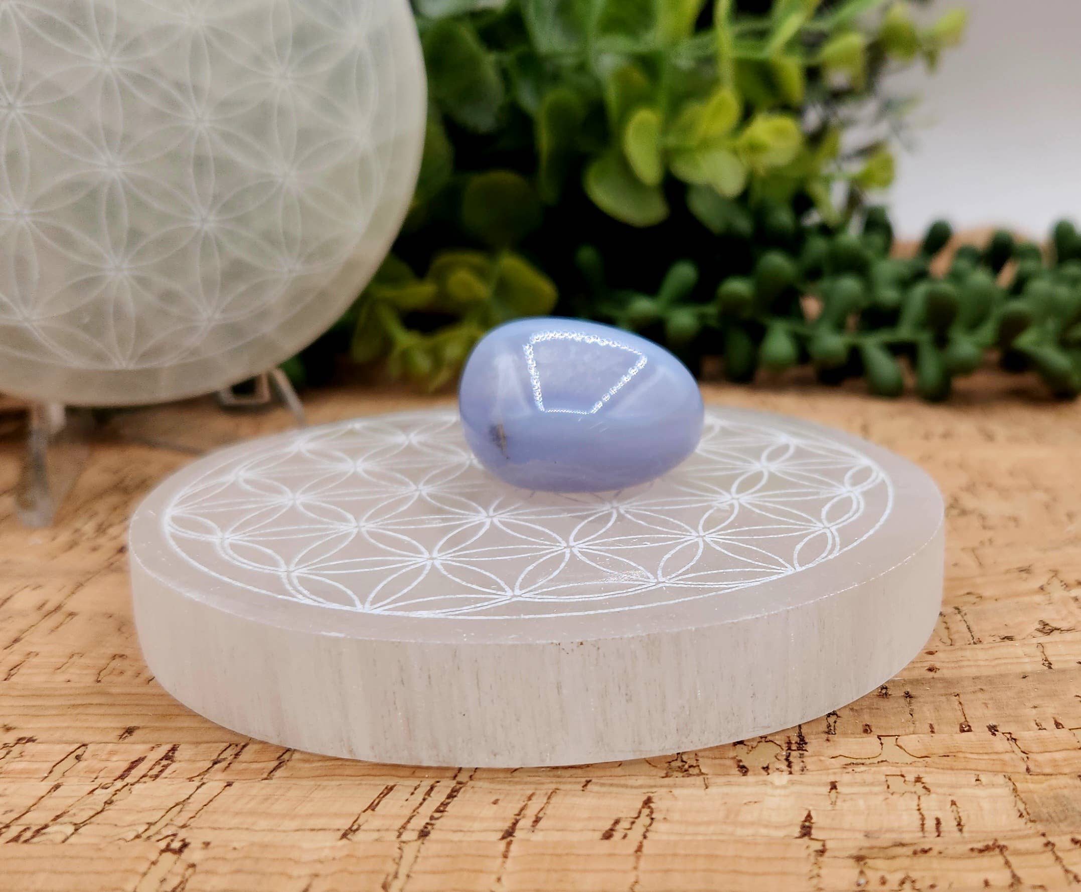 Meraki Gemstones - Wholesale Spirituele steen/kristal - Ronde opladingsplaat/onderzetter van seleniet - Gebeitst met Levensbloem, 8 cm6