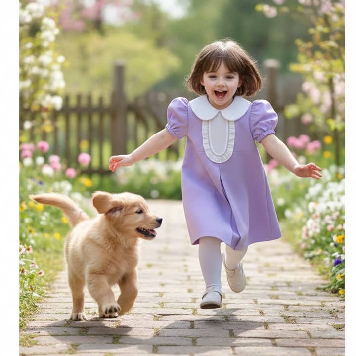 Lavender Pleated Dress with Peter Pan Collar for wholesale by Hello Bebes!