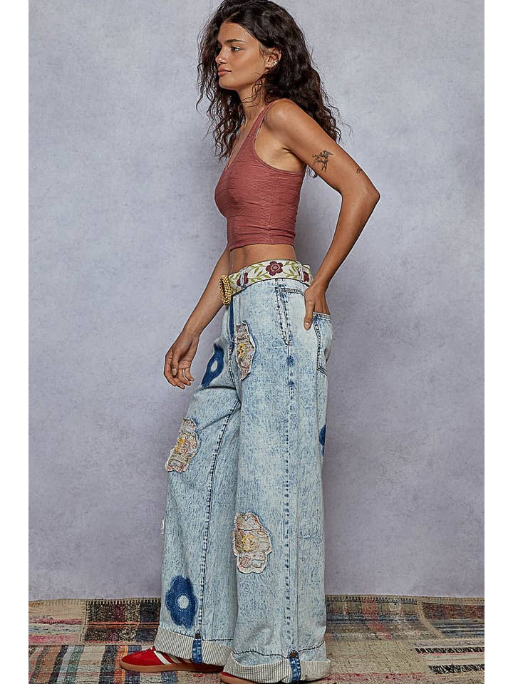 Pol Clothing - Wholesale Pants - Women's - Floral Patchwork Rolled-up Denim Straight Pants11