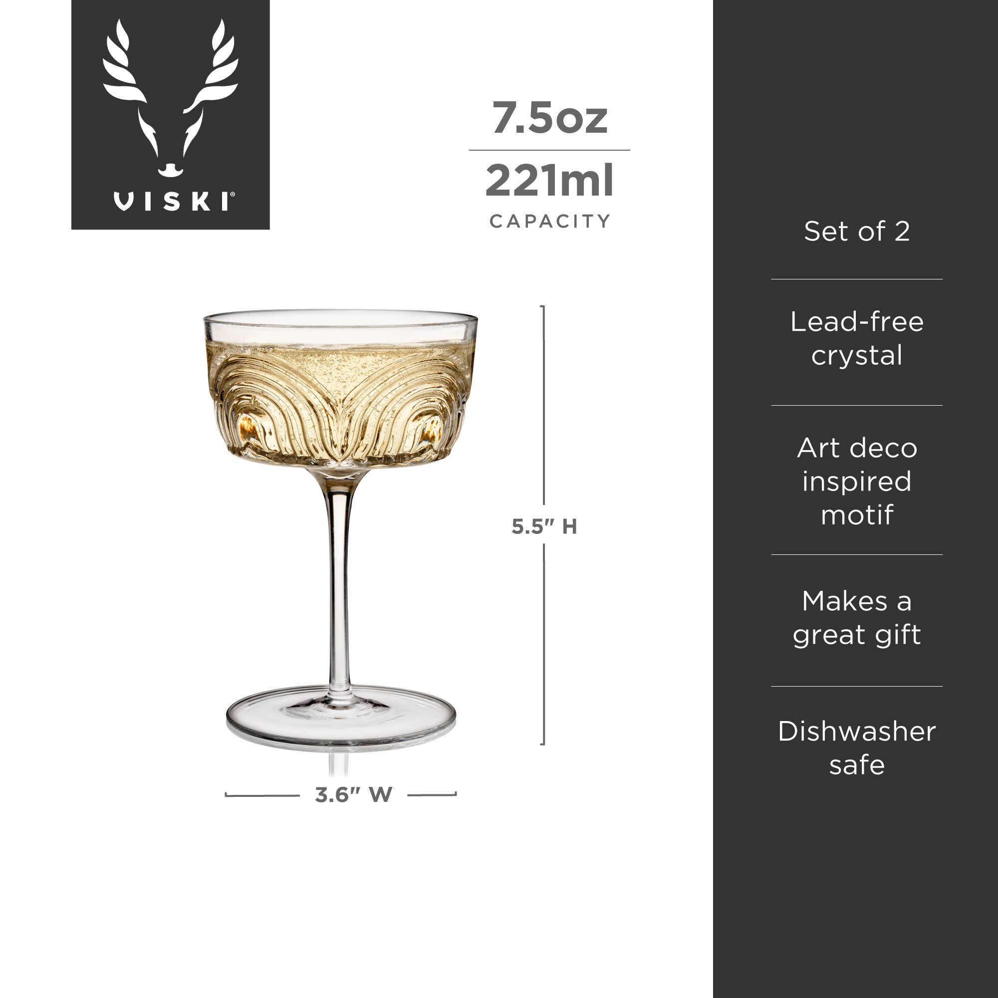 Viski - Vente Verres à cocktail/alcool - Ensemble de 2 coupes à cocktail en cristal Deco Beau6