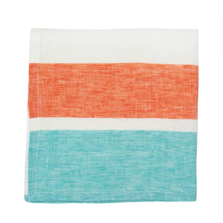 Caravan Home - Wholesale Dinner & Cloth Napkin - Bold Stripe Linen Turquoise Orange Napkins 20x20 - Set of 4