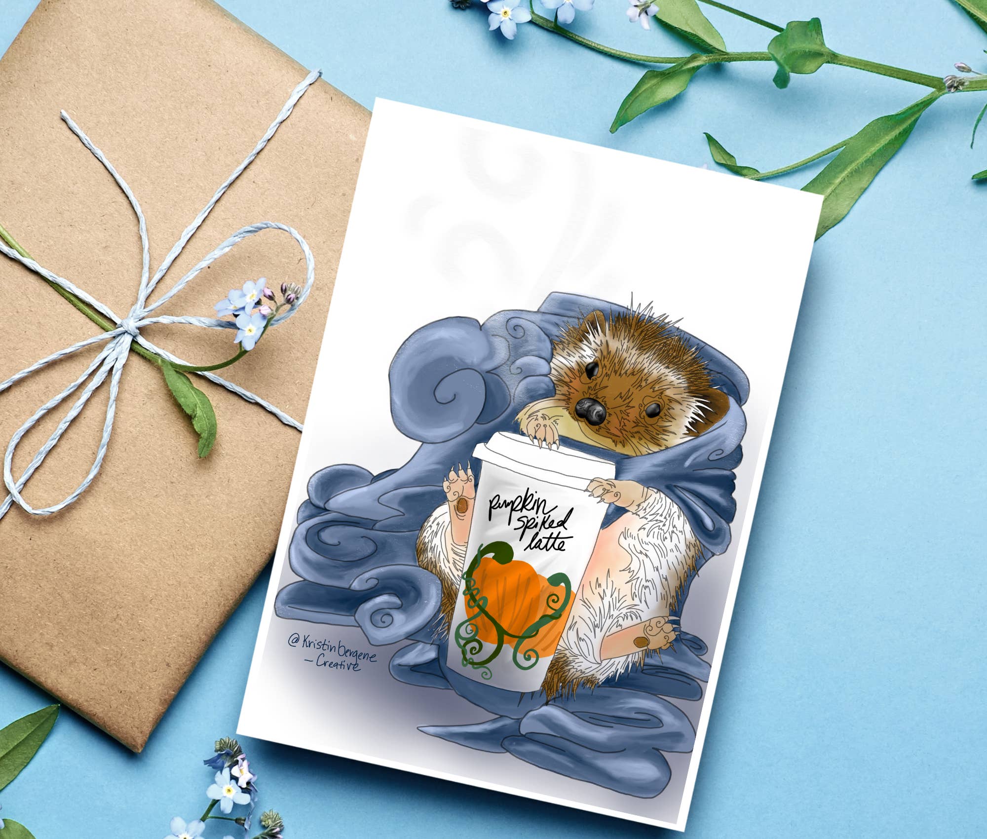 Kristin Bergene Creative LLC - Wholesale Season's Greetings Card - Hedgehog Latte Greeting Cards | Blank Inside, 5.5” x 4”