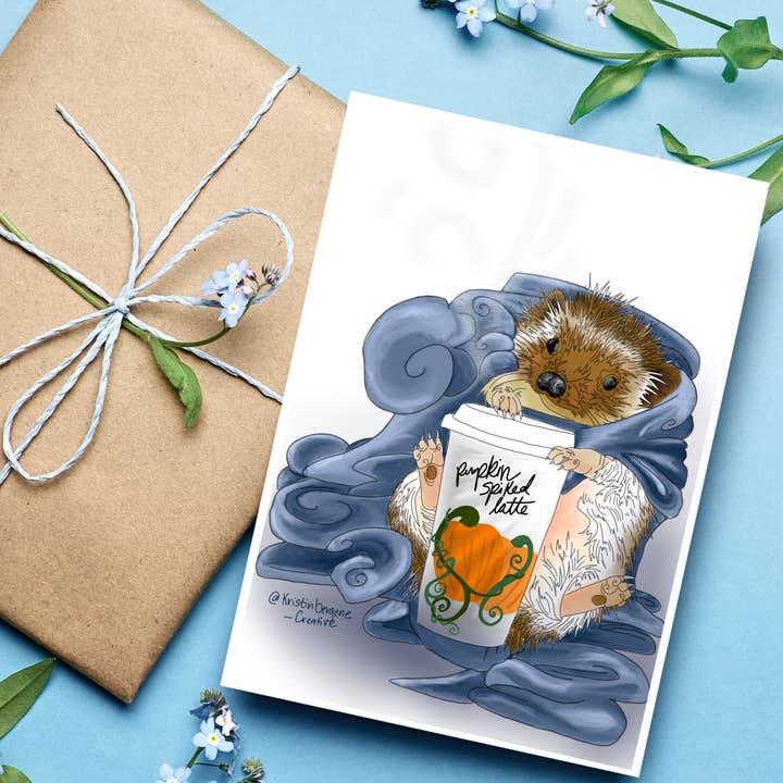 Hedgehog Latte Greeting Cards | Blank Inside, 5.5” x 4” for wholesale by Kristin Bergene Creative LLC