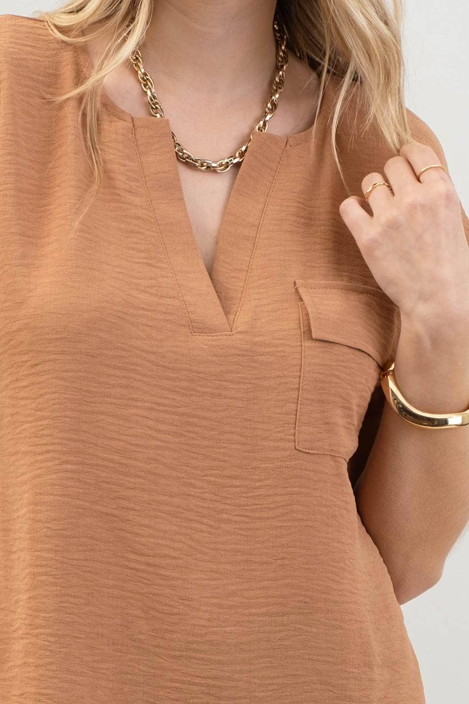 Blu Pepper - Wholesale Blouse - Women's - SPLIT NECK BACK BUTTON SHORT FOLD SLEEVE BLOUSE23