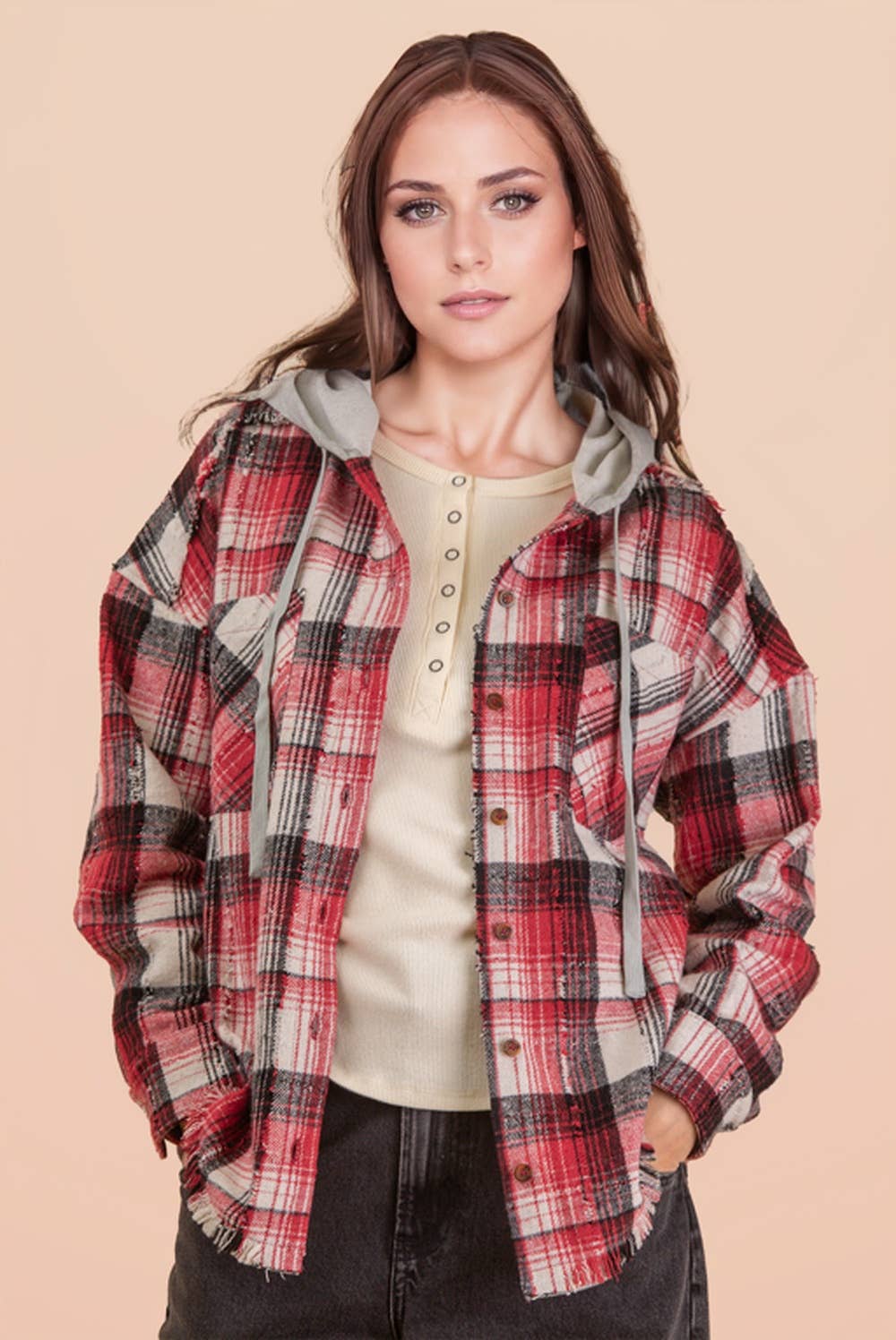 VERY J - Wholesale Jacket - Women's - NT12253-Oversized Flannel Hooded Button Down Jacket6