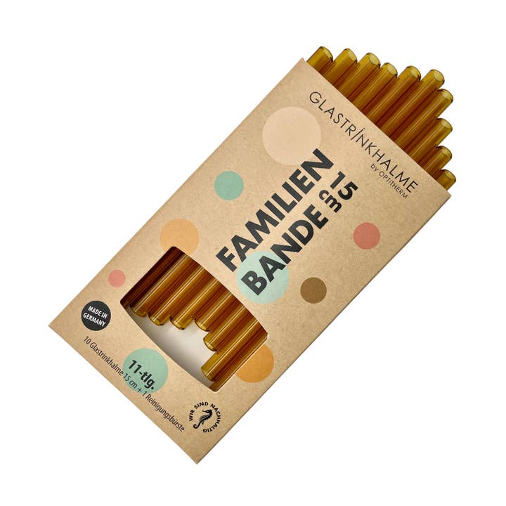 10 gekleurde (licht barnsteen) glazen drinkrietjes „familiebanden” (15 cm) voor wholesale door Glastrinkhalme by OPTITHERM