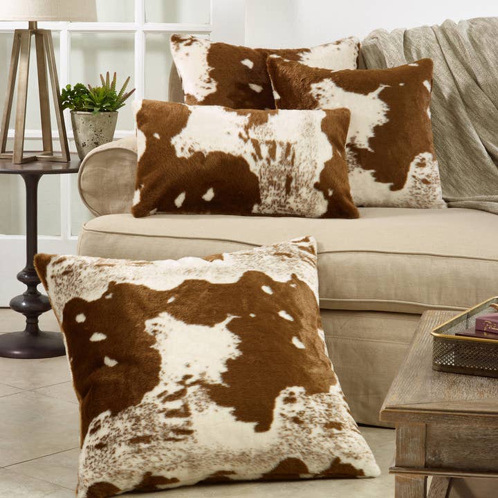 Fennco Styles - Wholesale Throw/Decorative Pillow - Brown Faux Fur Cow Hide Square Throw Pillow2