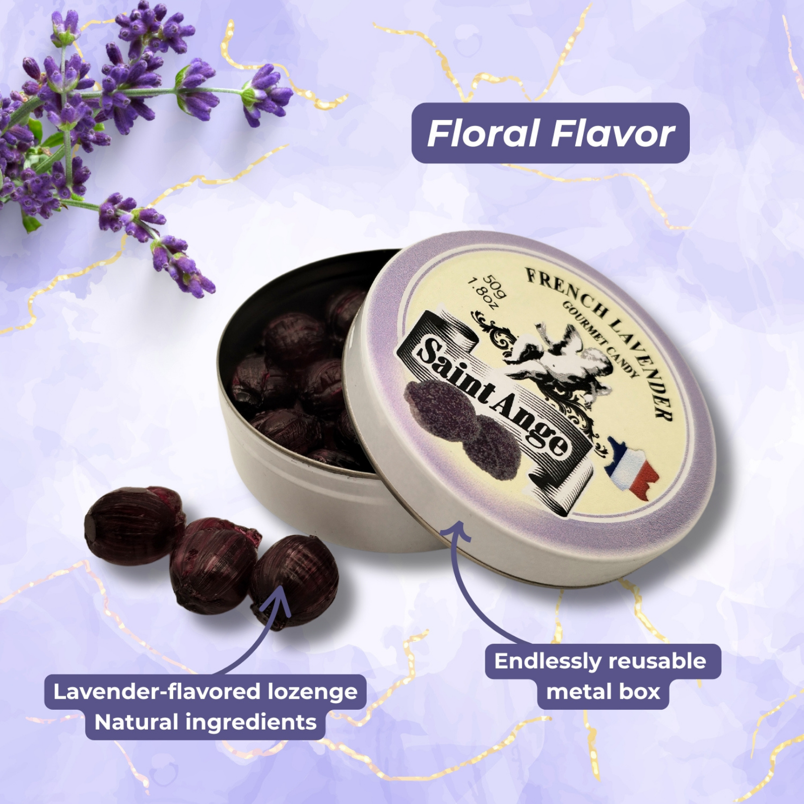 Bonbon USA France - Vente Bonbons durs - Saint Ange Lavande - Bonbons Gourmands Naturels Français en Boîte4
