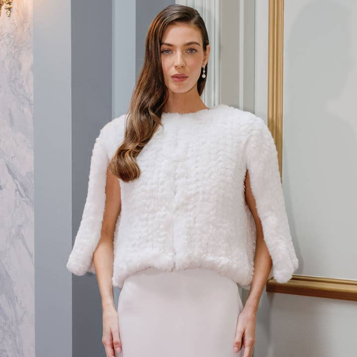 Nikita ivory faux fur hand-knitted bridal cape for wholesale by Liberty in Love