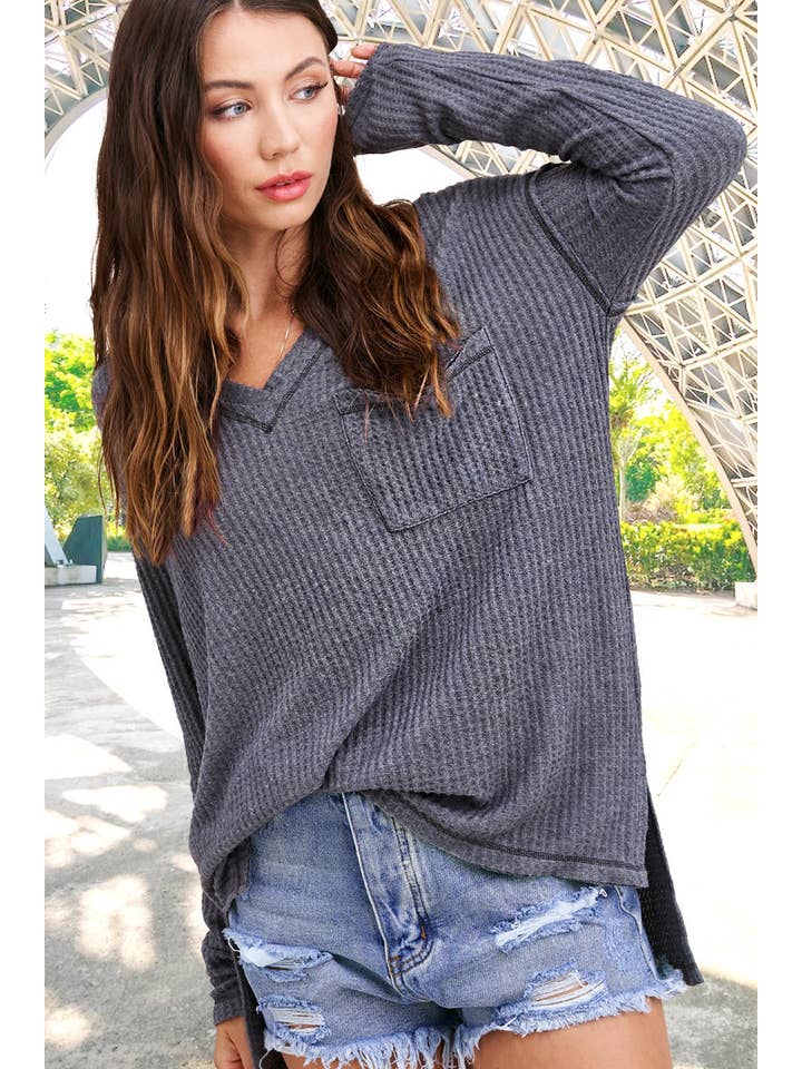 La Miel - Wholesale Knit Top - Women's - JAT7555-Stretchy Brushed Waffle V-neck Long Sleeve Top7