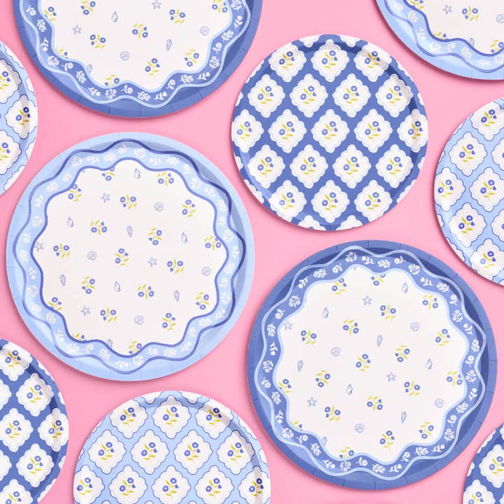 xo, Fetti - Wholesale Disposable Plate - Blue White Coastal Plates - 32 paper plates, 2 sizes 9" + 7"0