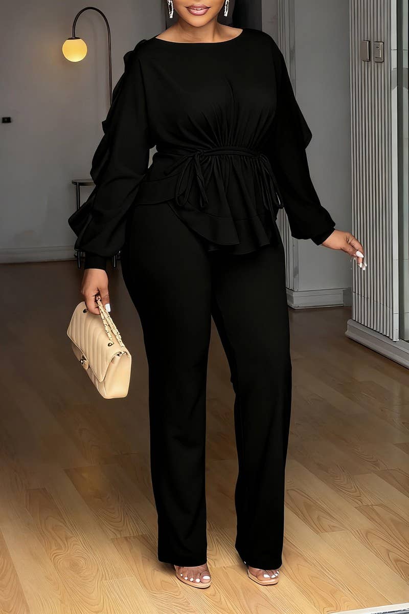 NINEXIS - Wholesale Top & Pant Set (NOT Loungewear) - Women's - CWSTB00491_2025 ELEGANT RUFFLE DRAWSTRING TOP AND PANTS SET0