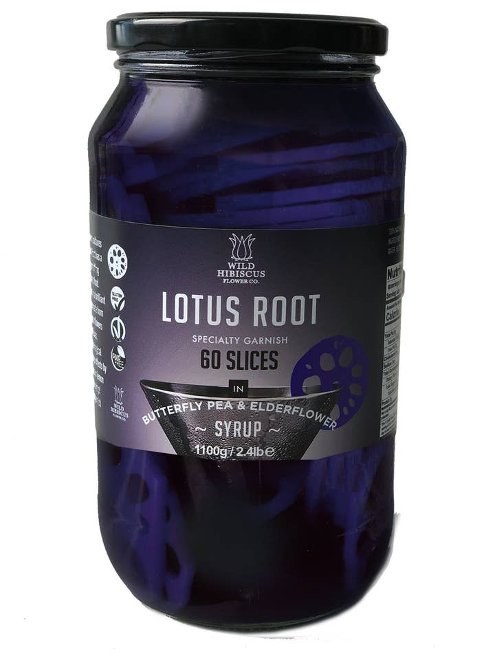 Lotus Slices in Butterfly Pea & Elderflower Syrup for wholesale by Wild Hibiscus Flower Company