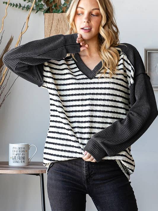 HEIMISH - Wholesale Blouse - Women's - ET7710-10 STRIPE AND SOLID URBAN RIBBED CONTRAST TOP