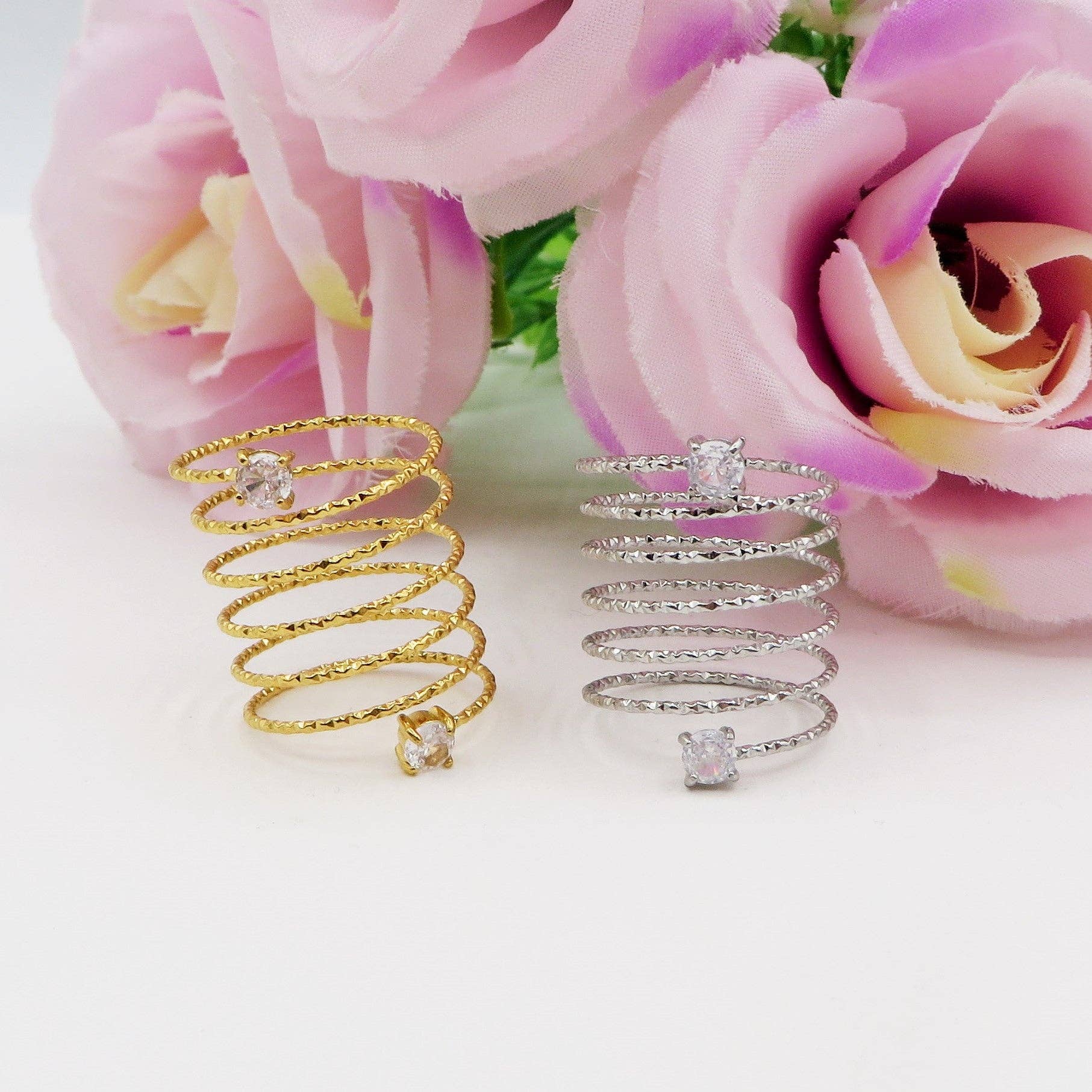 Daemon srls - Wholesale Cocktail/Statement Ring - ANITA ~ Anello a spirale regolabile in ACCIAIO INOSSIDABILE con cubic zirconia4