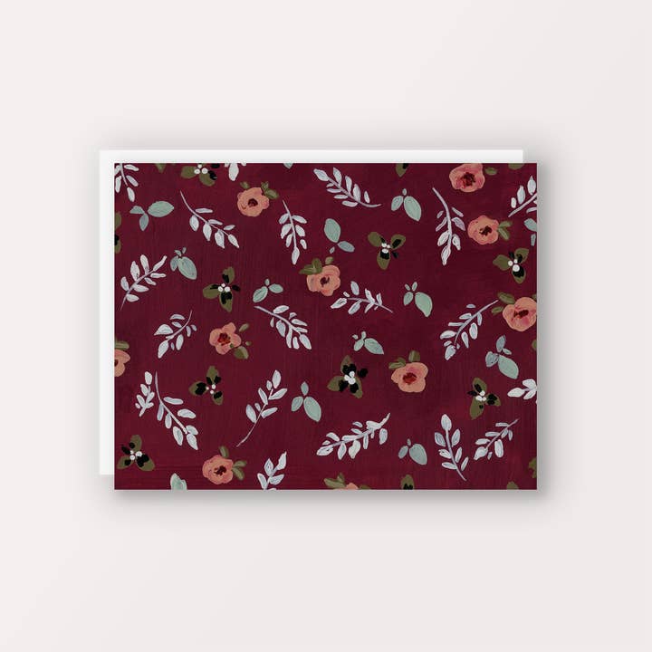 Biglietto d'arte natalizio con motivo botanico per la vendita all'ingrosso da parte di Caitlyn Mary Art