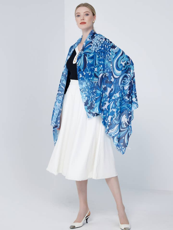 Blå hvirvel abstrakt printet tørklæde – Tørklæder til kvinder for engroshandel hos Aavion