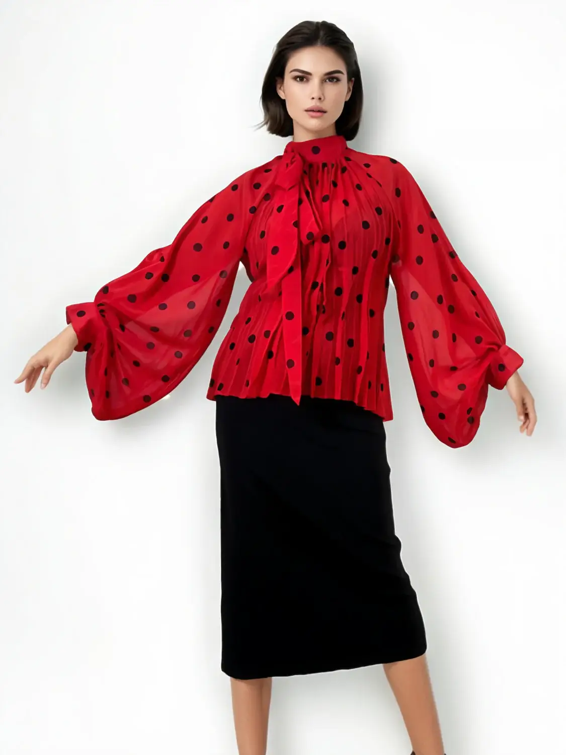 N by Nancy - Wholesale Blouse - Women's - C3395 POLKA DOT PLEATED TOP (RED, WHT)1