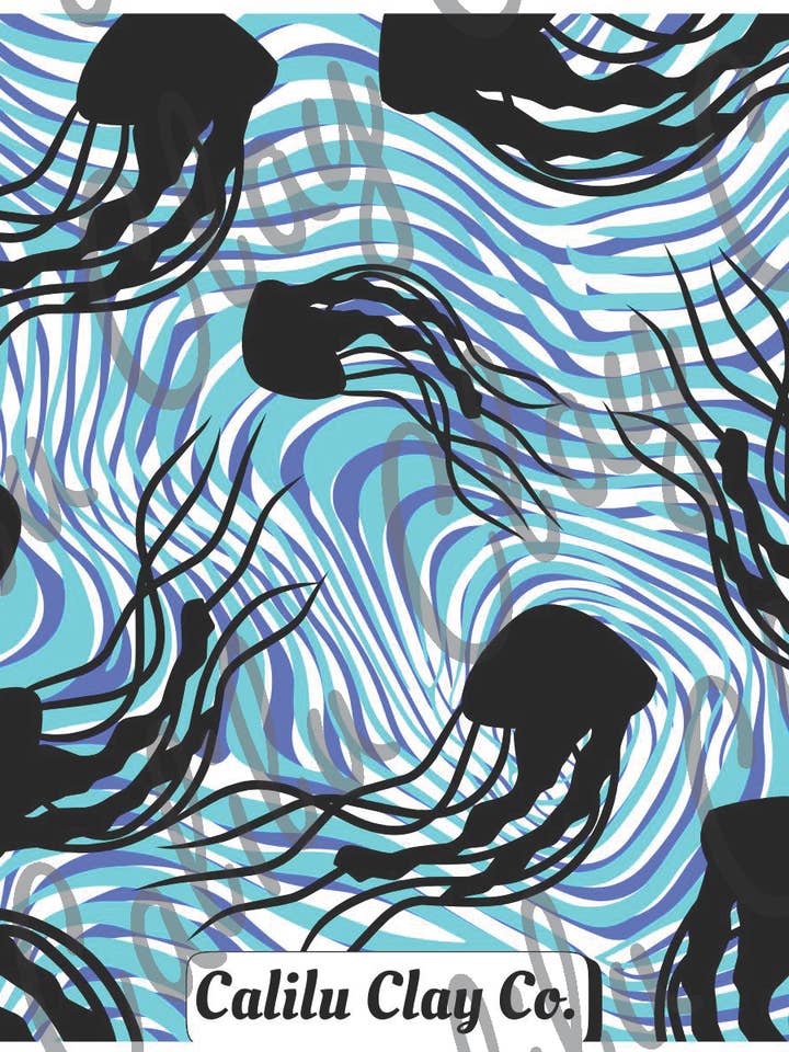 Foglio di trasferimento solubile in acqua in argilla polimerica con meduse e vortici color verde acqua per la vendita all'ingrosso da parte di CaliLu Clay Co.