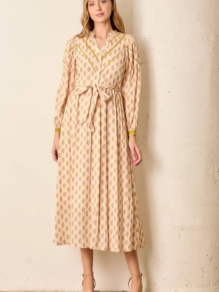 PRINTED LACE TRIM V-NECK BUTTON UP MAXI DRESS for wholesale by Polagram by Wellmade USA