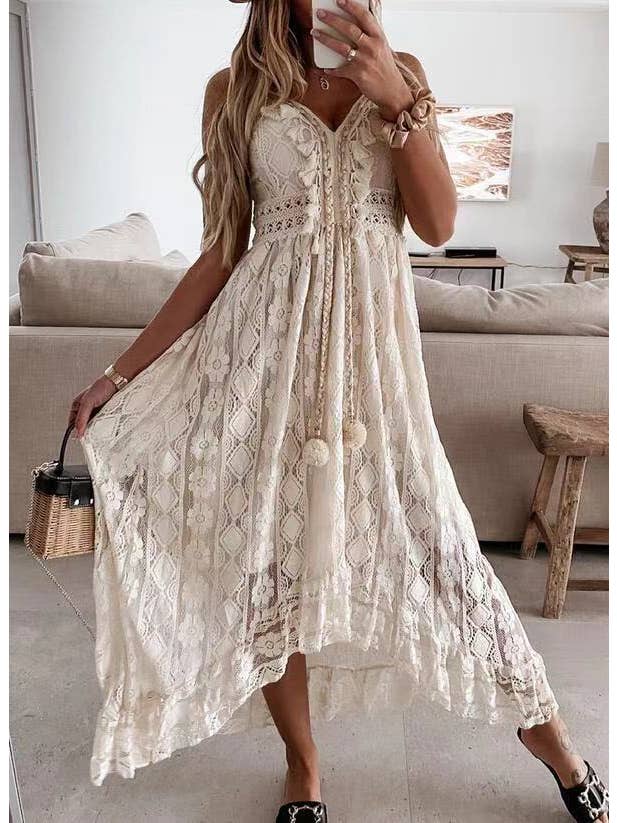 Rosa Clothing - Wholesale Dress - Women's - Boho Ecru Crochet Lace swing flare dress