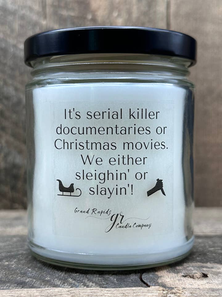 Serial Killer Documentaries Christmas 9oz Soy Blend Candle for wholesale by Grand Rapids Candle Company