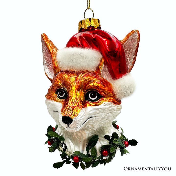 OrnamentallyYou – wholesale Ornament – Fox with Santa Hat Glass Christmas Ornament, Woodland Animal