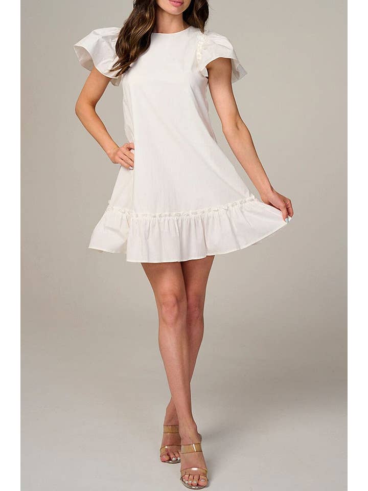 ROUSSEAU - Wholesale Dress - Women's - SHORT RUFFLE SLEEVE RUFFLE BOTTOM HEM MINI DRESS