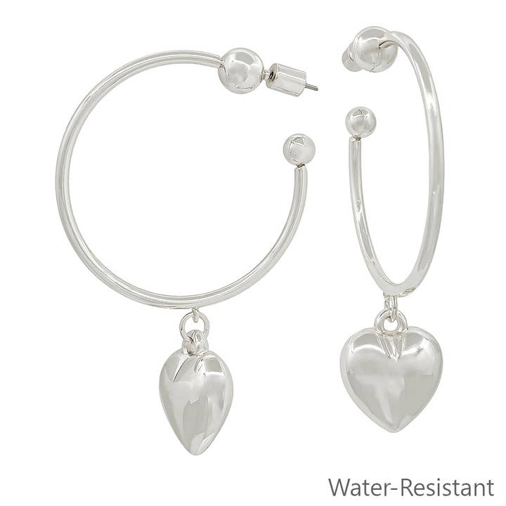 Water Resistant 2" Silver Hoop with Heart Earring for wholesale by What's Hot