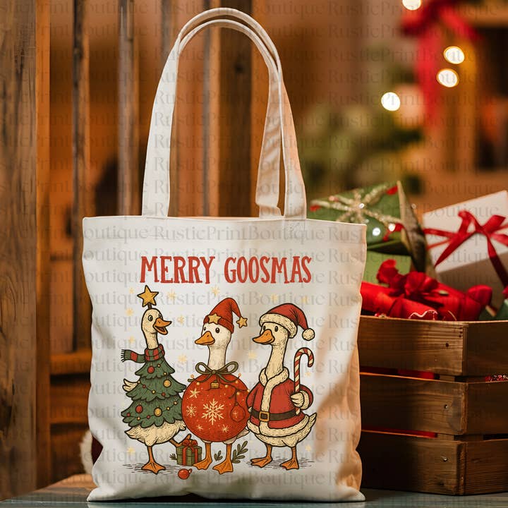 Sac de Noël Vintage Joyeux Goosmas pour la vente par RusticPrintStudio