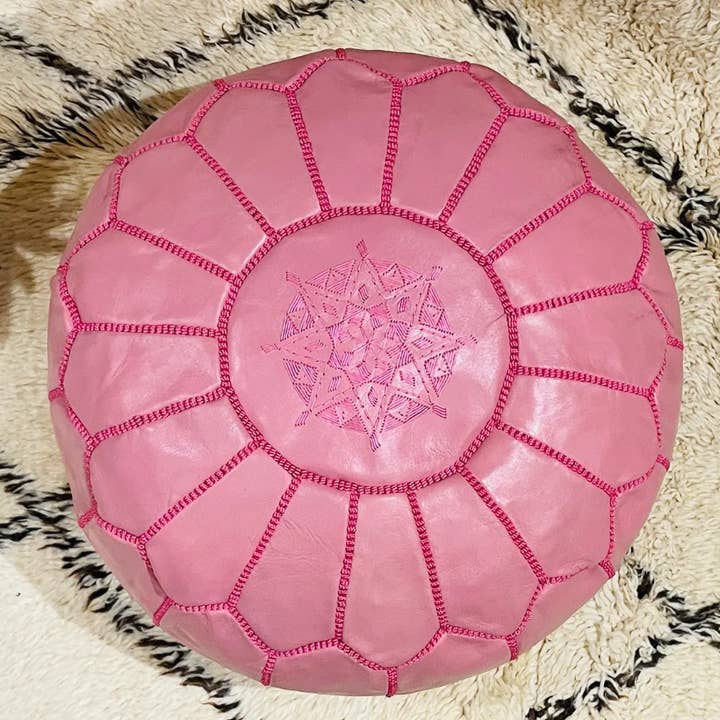 Pink Moroccan Leather Pouf - Girls Room Ottoman for wholesale by Berbereino LLC