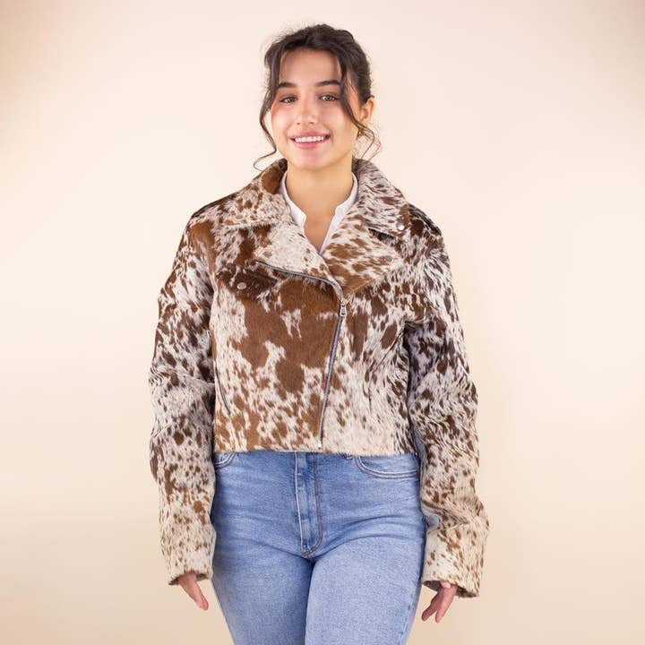 Cow print leather biker jacket Zazzy for wholesale by Moonrise
