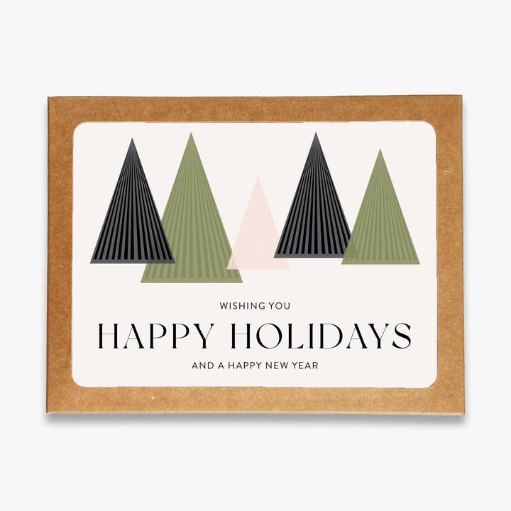 Moderne ferietræer lykønskningskortsæt | Æske med 8 for engroshandel hos Blú Rose