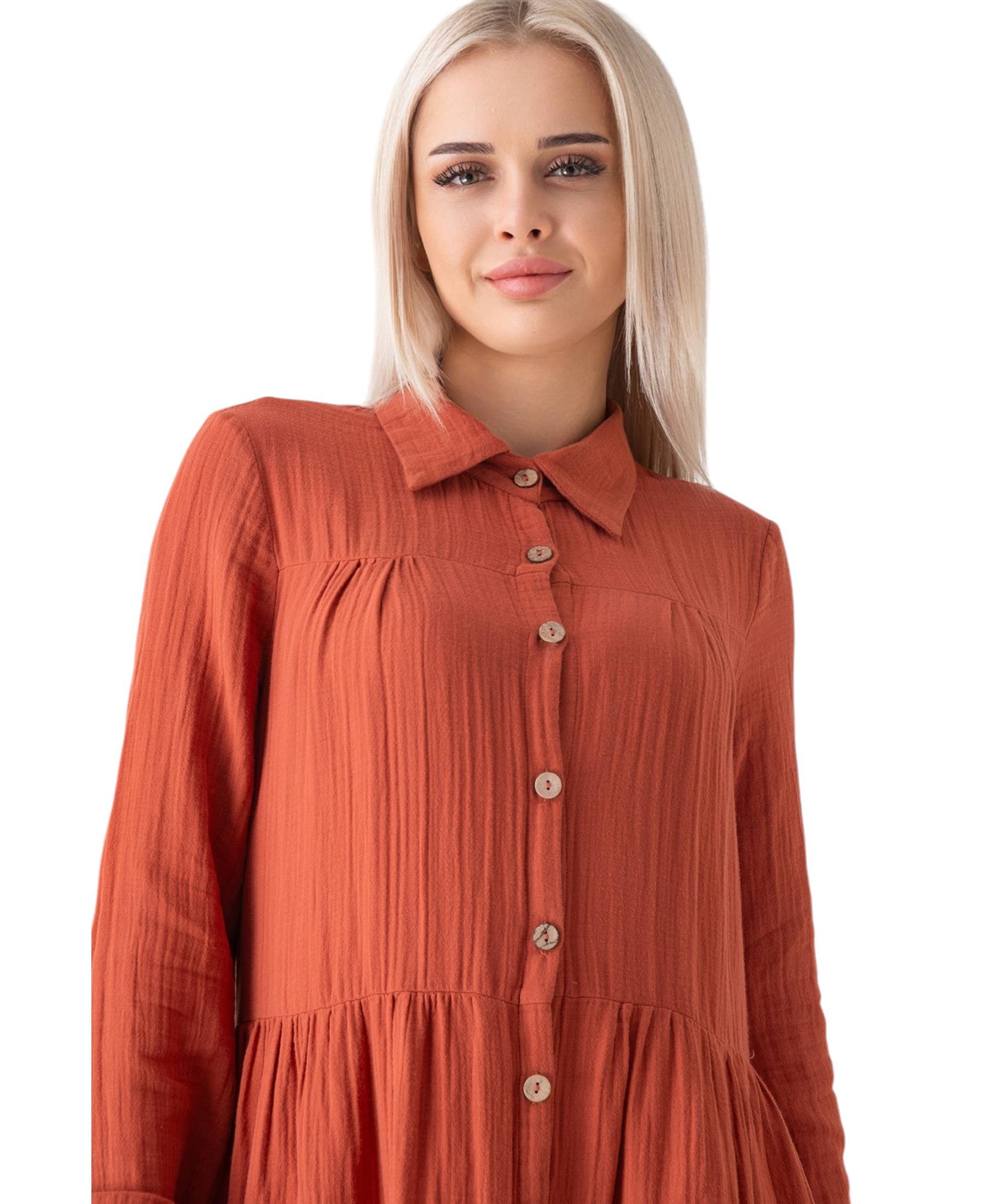 WENOR - Vente Robe – femme - Robe d'été longue en mousseline 100 % coton avec patte de boutonnage, 145 cm29