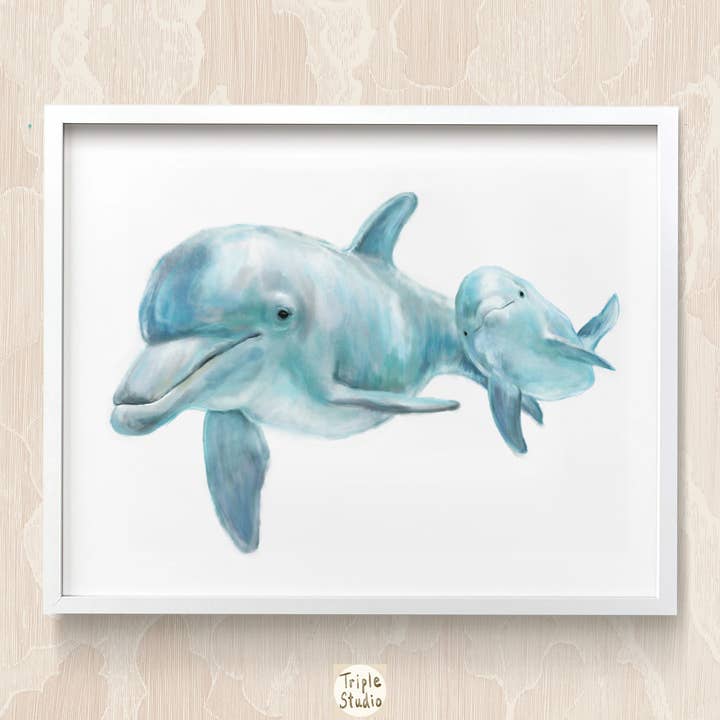 Havdyr Nursery Art Print | Delfin mor og Baby for engroshandel hos Triple Studio