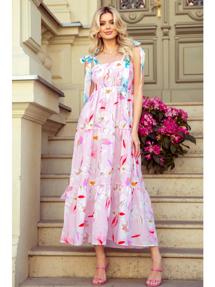 Pink Floral Print Knotted Shoulder Smocked Maxi Dress for wholesale on Faire