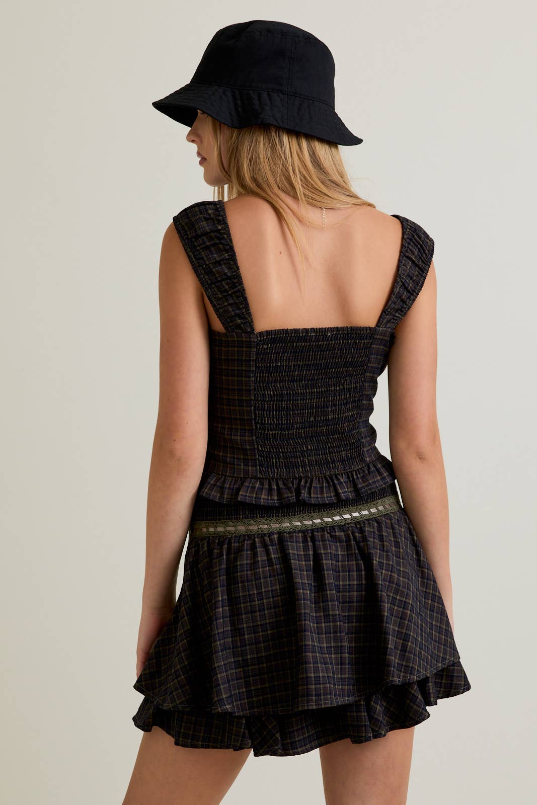 OLIVE NAVY PLAID SLEEVELESS TOP WITH TRIM DETAIL WITH MID RISE SKIRT for wholesale on Faire3