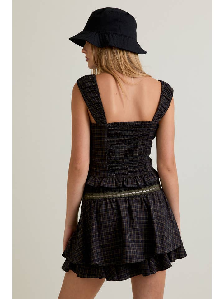 OLIVE NAVY PLAID SLEEVELESS TOP WITH TRIM DETAIL WITH MID RISE SKIRT for wholesale on Faire3