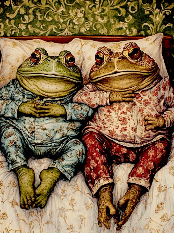 Ein Paar Kröten im Bett - Schlafzimmer-Kunstdrucke – 8″x10″ Kunstwerk in 11″x14″ Passepartout für den Großhandel von Mowbi
