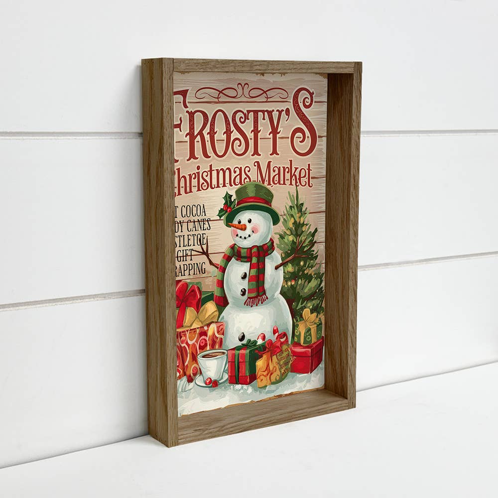 Hangout Home - Wholesale Art Print - Frosty's Holiday Market - Christmas Canvas Sign - Wood Frame0