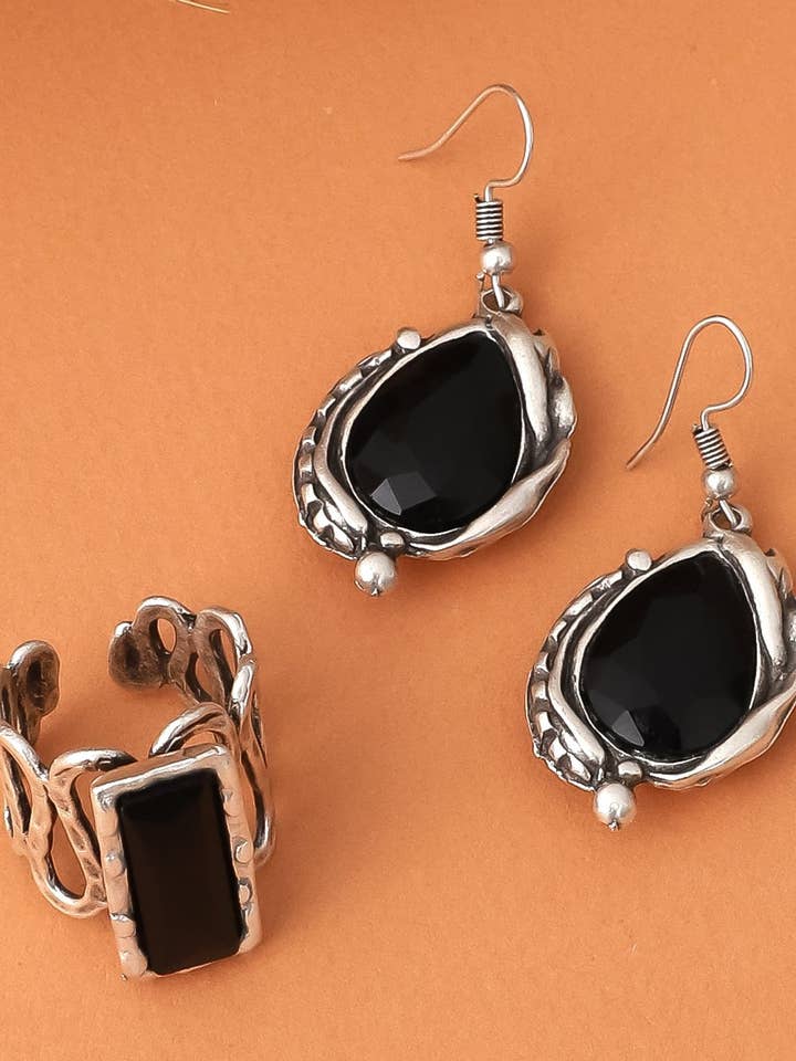 Silverpläterad blomdesign smyckesuppsättning med svart sten för wholesale av AVENS