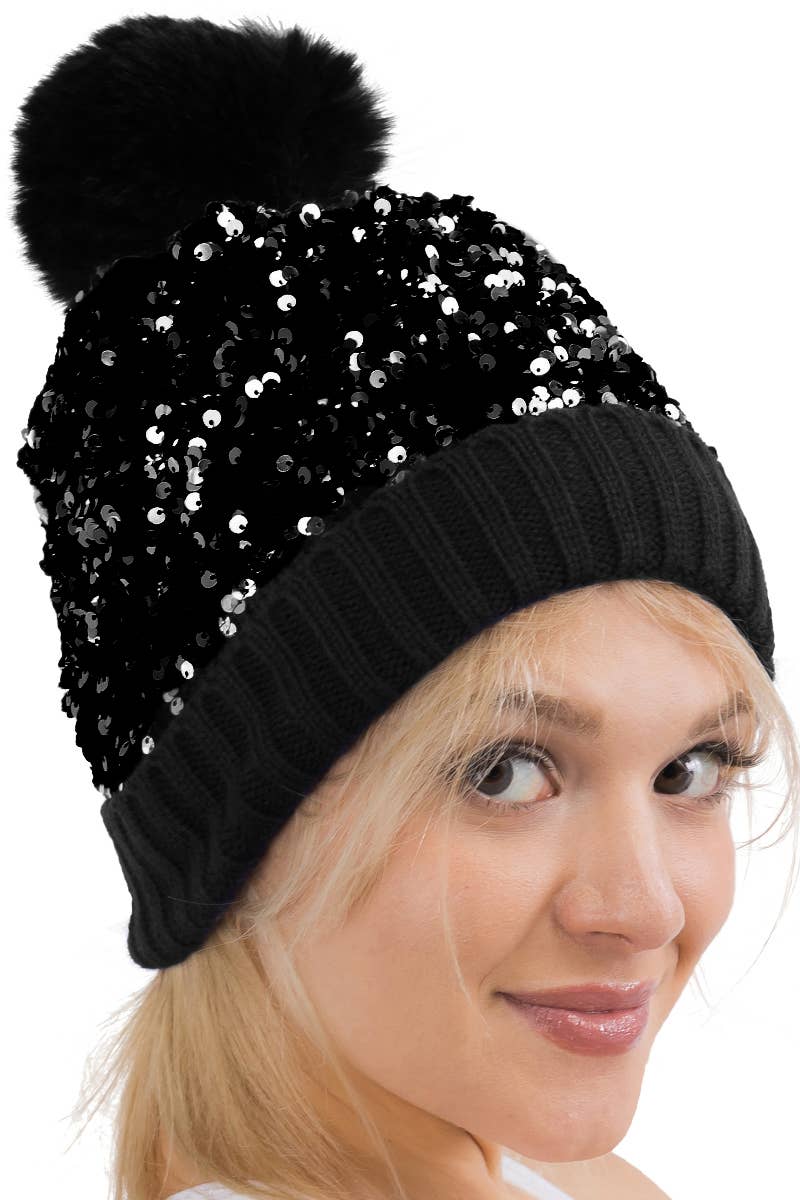 Cap Zone - Vente Bonnet – femme - Bonnet à pompon en tricot à paillettes métalliques Beazzled7
