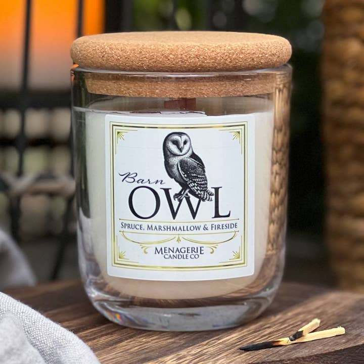 Barn Owl - Eucalyptus, Marshmallow & Firewood Candle for wholesale by Menagerie Candle Co.