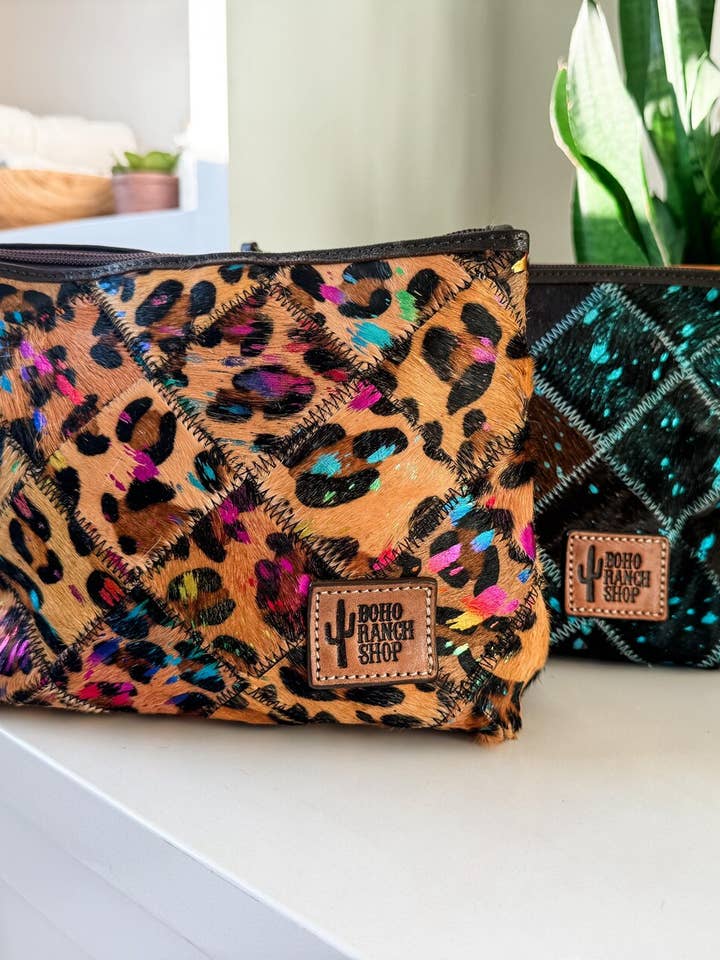 Checkered Western Cowhide Makeup Bag Travel for wholesale by Boho Ranch Shop