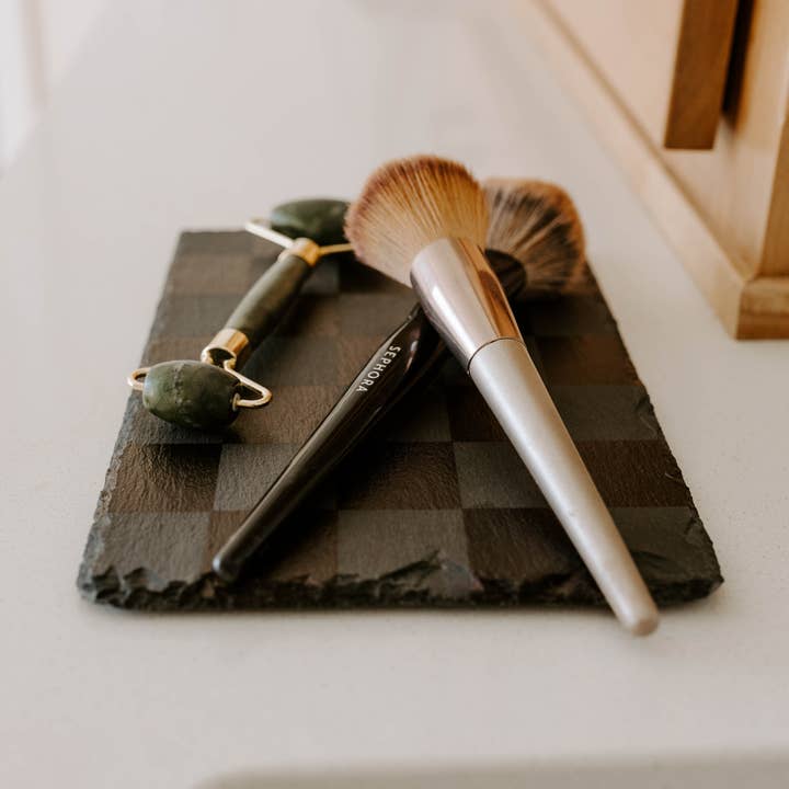 Black Checker Slate Coaster Couples Coaster Checkered Print for wholesale by Damron Decor