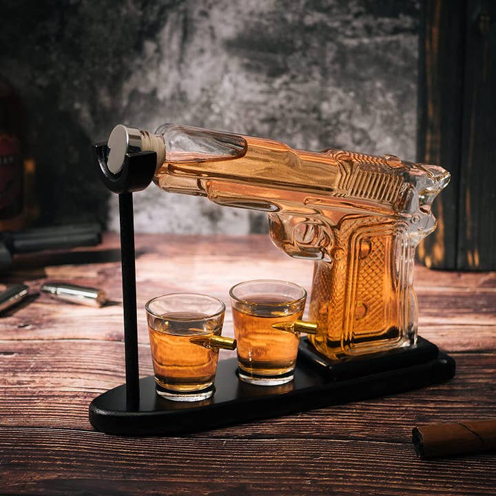 The Wine Savant / Khen Glassware – wholesale Decanter – Pistol Gun Decanter Set + 2 Bullet shot Glasses & Wood Stand