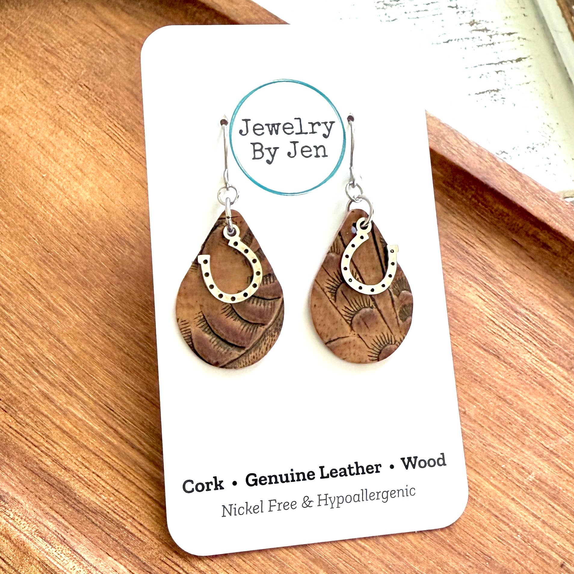 Jewelry By Jen - Wholesale Dangle Earrings - Small Teardrop Earrings: Brown Tooled w/Horseshoe Charm2