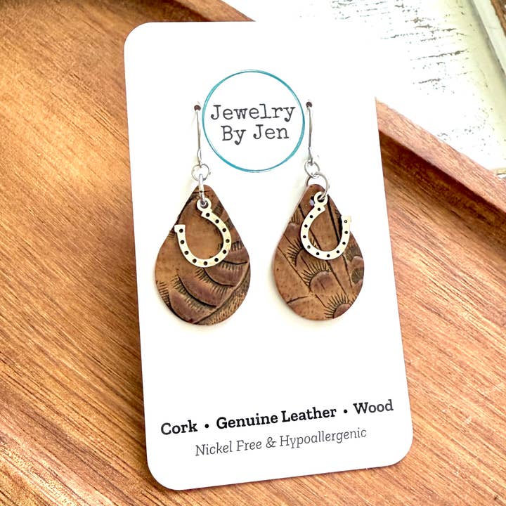 Jewelry By Jen - Wholesale Dangle Earrings - Small Teardrop Earrings: Brown Tooled w/Horseshoe Charm2